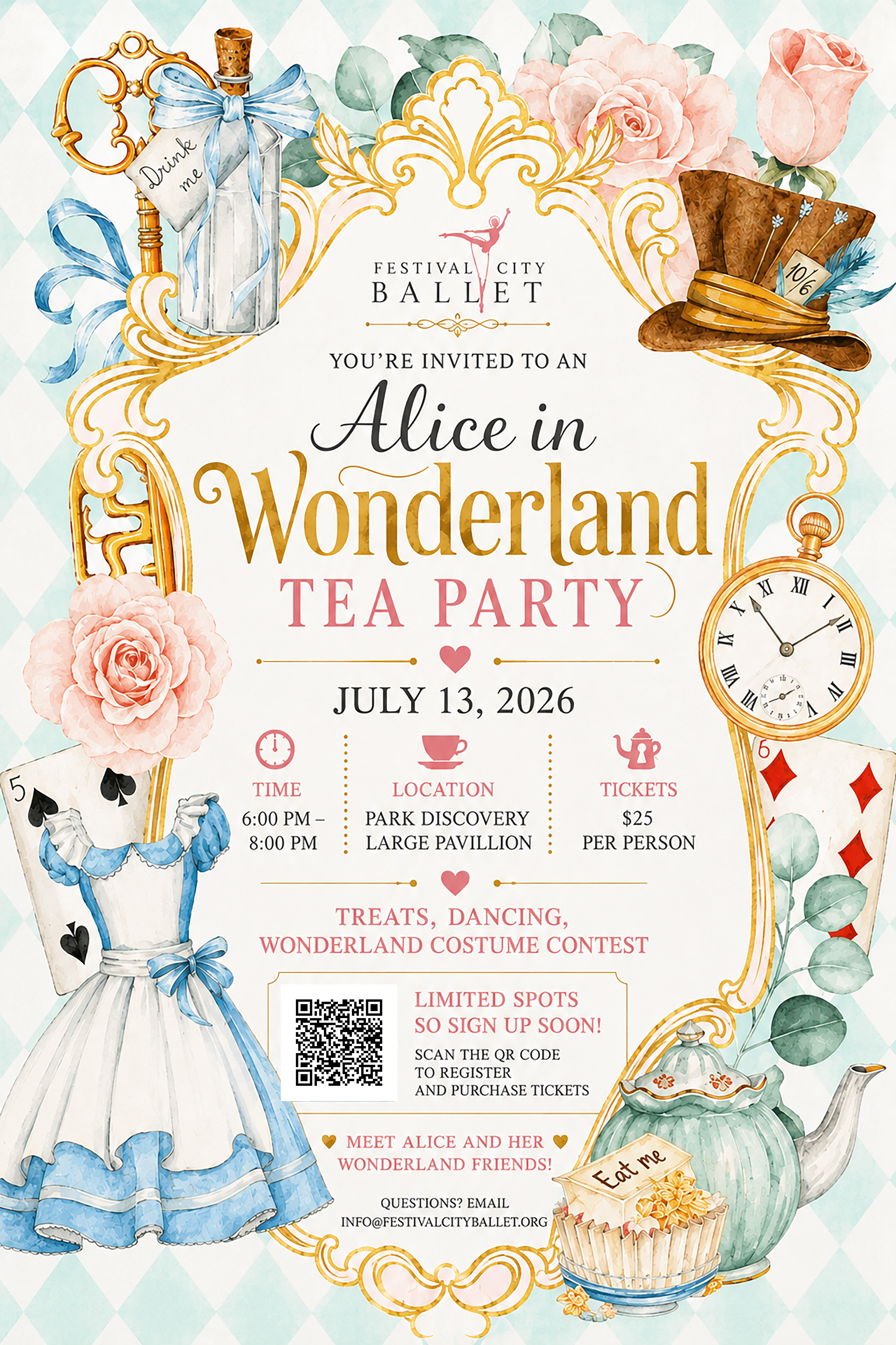 Alice in Wonderland Tea Party poster — July 13, 2026, 6:00–8:00 PM at Park Discovery Large Pavilion, $25 per person
